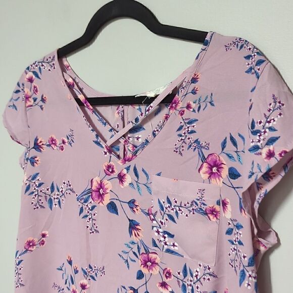 Pink Rose Purple Floral V Neck Blouse - Picture 2 of 6